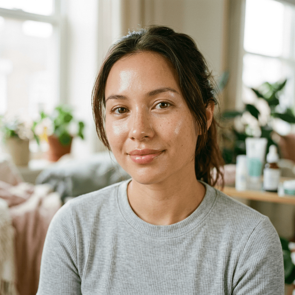 Young woman with clear glowing skin in casual grey shirt smiling gently indoors